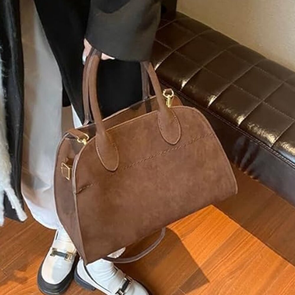 Faux Suede Brown Top Handle Tote Bag